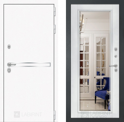 Входная дверь Лабиринт Лайн White Зеркало Фацет с багетом Белый софт