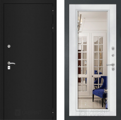 Входная дверь Лабиринт Classic шагрень черная Зеркало Фацет с багетом Белый софт